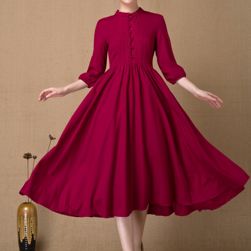 High Quality Spring Autumn Style Women Pleated Dress Vintage Lace Slim Female Clothing High Neck Elegant Ladies Dress Wine Red