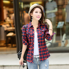 2015 New Casual Button Down Lapel Neck font b Plaids b font Checks Flannel Shirts Women