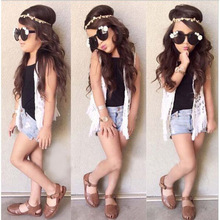 Europe and the United States summer girls white waistcoat + black vest + denim shorts 3 times suits kids clothes girls3- 8 years