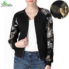 2016 Fashion Sequin Sleeves Bomber Jacket Women Plus Size Stand Collar Zip Pocket Outdoor Outwear NZ-JK-50