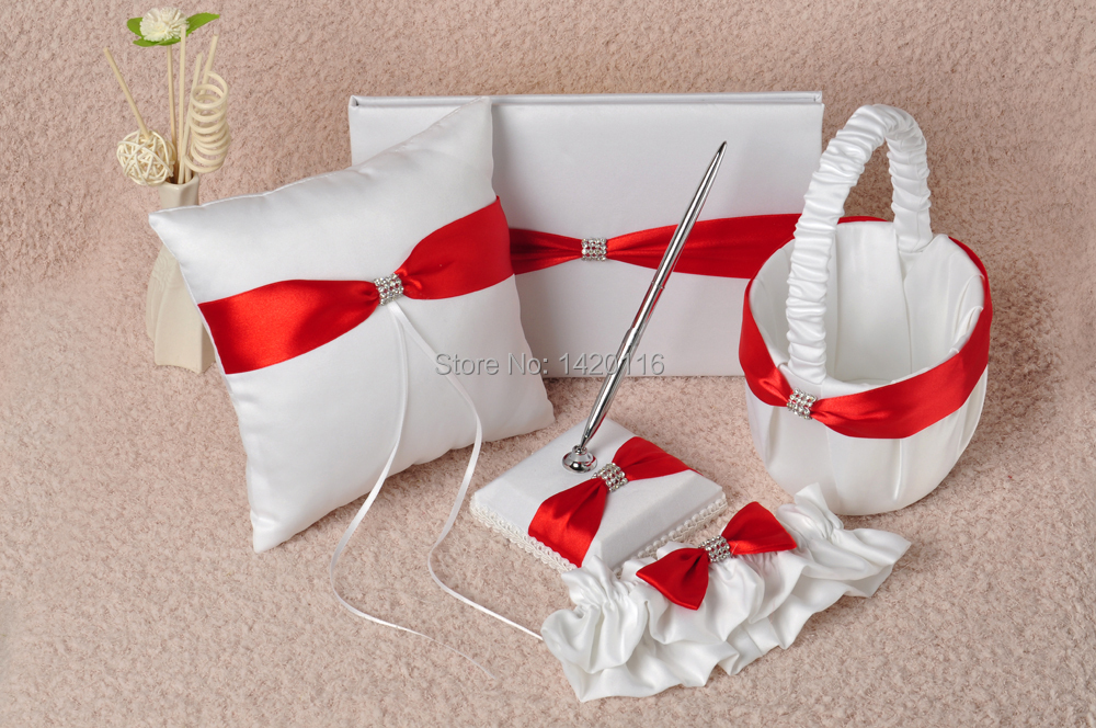 5Pcs/Set  Red&White Crystal Wedding Guest Book Ring Pillow and Pen Set Flower Basket Garter GB29