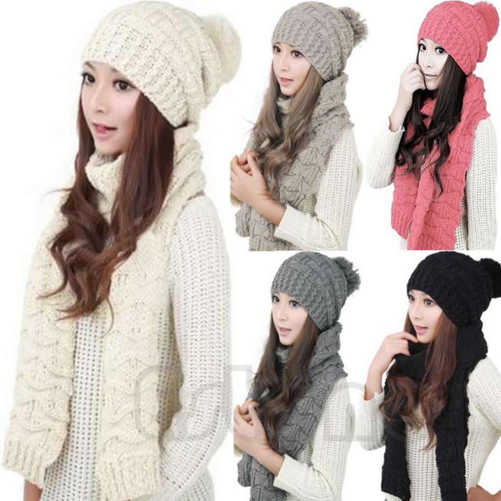 Winter Women Warmer Thicken Scarf Wrap Hat Set Knitted Knitting Girls Collars Skullcaps