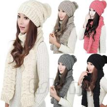 Y100  Winter Women Warmer Thicken Scarf Wrap Hat Set Knitted Knitting Girls Collars Skullcaps