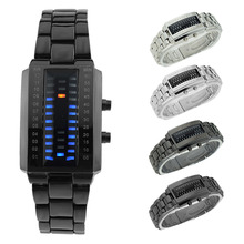 Moda Unisex hombres mujeres acero inoxidable resistente al agua binario LED azul reloj de pulsera