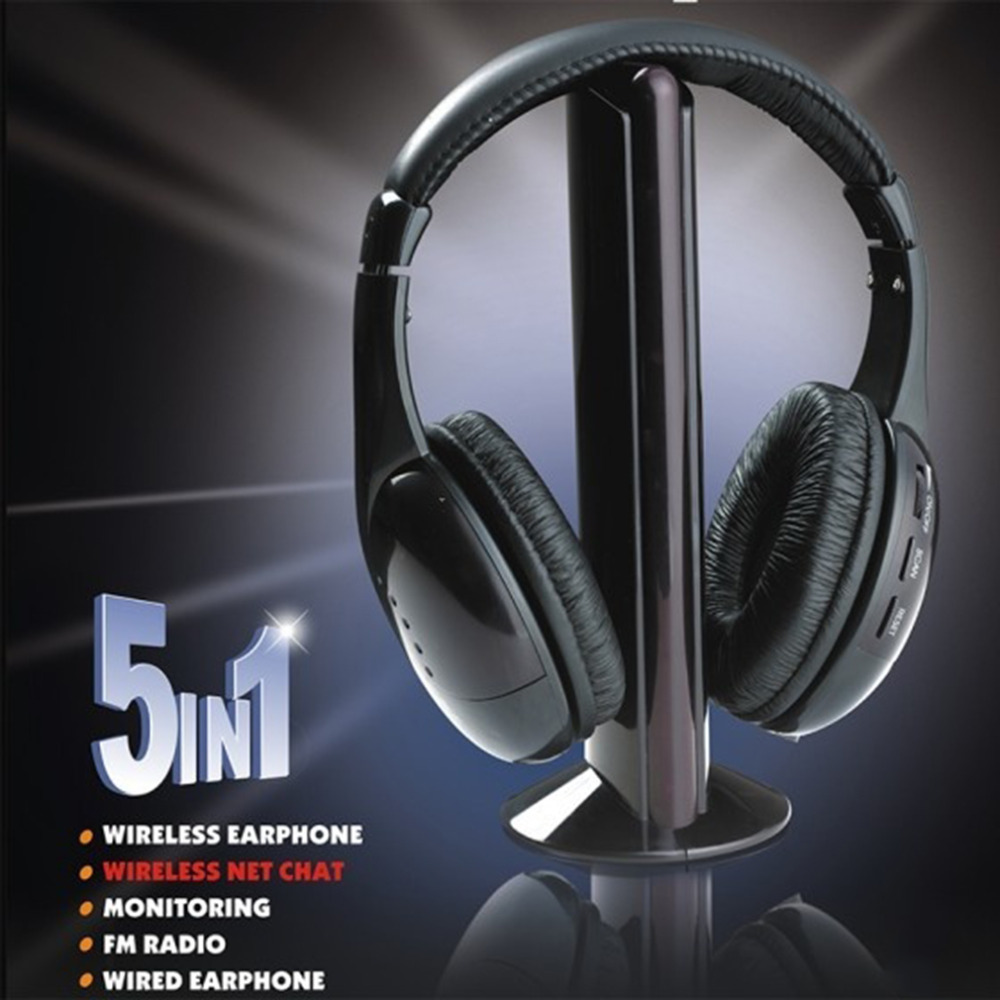 Black 5 in 1 Wireless Cordless Headphone Headset Earphone for PC TV Radio Wireless Headphone Gaming