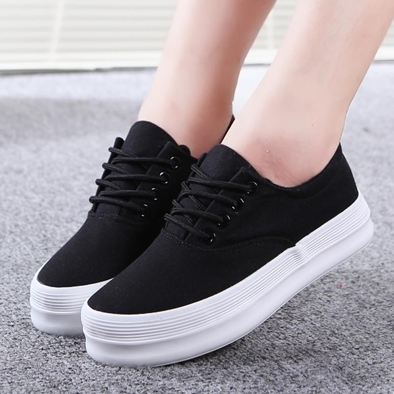 2015 New Style Solid Lace Up Women Canvas Shoes Platform Sneakers Casual Low Top Thick Sole