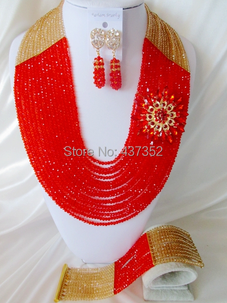 Glamorous 22'' Long 16 layers Champagne Gold and Red Crystal Nigerian Beads Necklaces African Wedding Beads Jewelry Set NC035