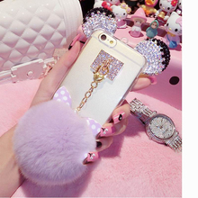Hot ew Luxury Crystal Mickey Head Bowknot Fur Ball Soft TPU Phone Back Cover Phone Case For iPhone 6 6S 4.7″ Mobile Phone sets