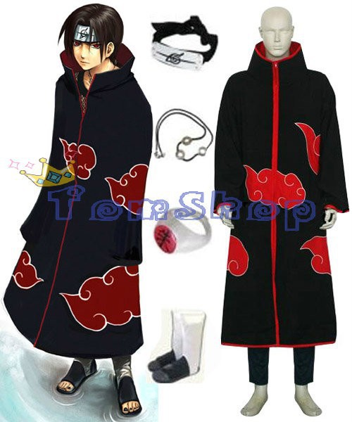 Anime Naruto Akatsuki Itachi Deluxe Cosplay Costume 7 in 1 Full Combo Set (Cloak+T-Shirt+Pants+Headband+Boots+Necklace+Ring)