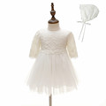 Newborn Baby Girls long sleeve Dresses Hat Ivory Lace Christening gown for 0 2T Toddler Clothes