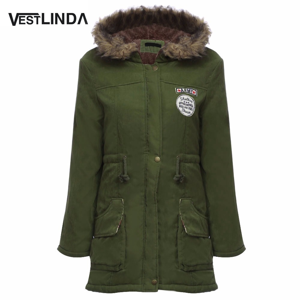 VESTLINDA Coats Big Size Fur Hooded Down Coat Army Green Drawstring Jackets Coat Winter Jacket Women Warm Coats Parkas Plus Size 8