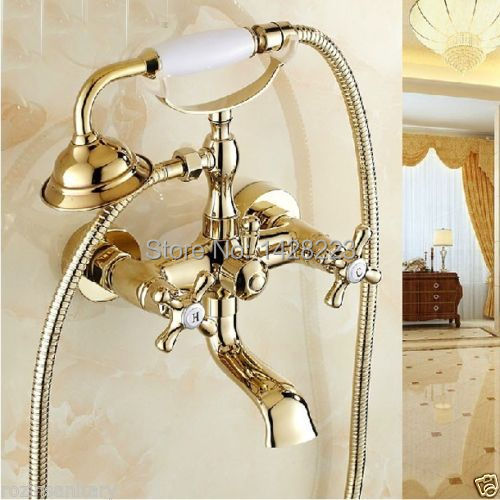 New Golden Wall Mounted Bathroom Bathtub Shower Faucet Solid Brass Telephone Style Bahtub Mixer Taps