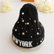 High Quality 2015 Women Hats for Girls Pearl NEW YORK Warm Winter Ladies Letter Cap Knitting Sport Casual Knitted Wool Hat M0572