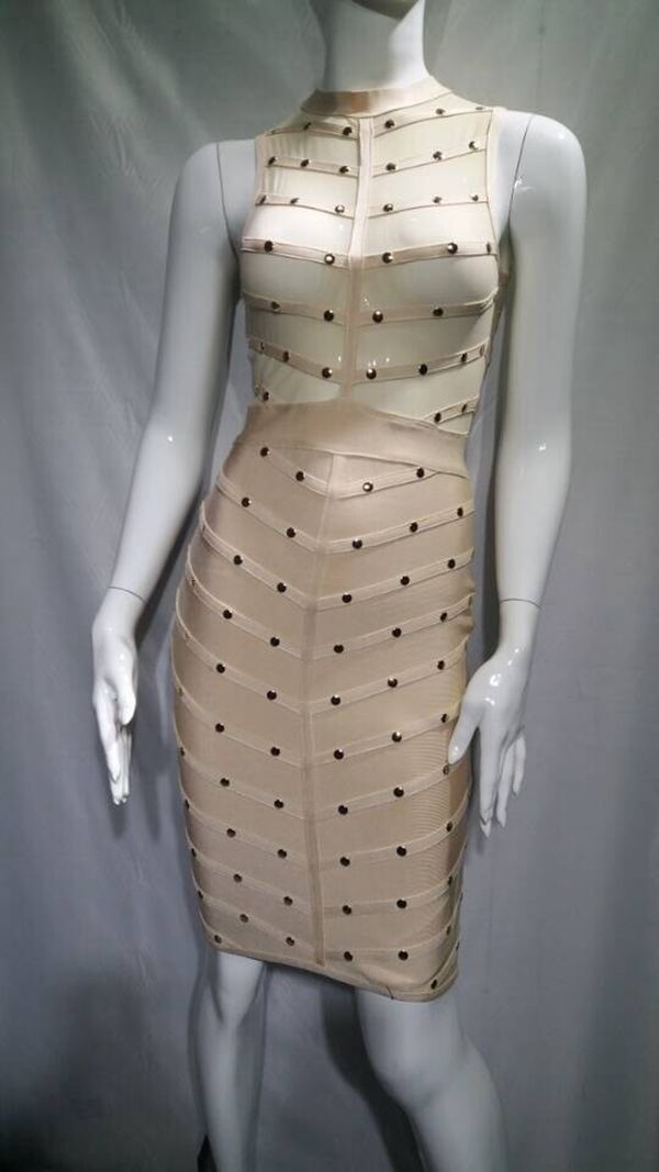 2016 new sleeveless olive beige red black beading sexy mesh women dresses high neck bodycon celebrity party bandage dress