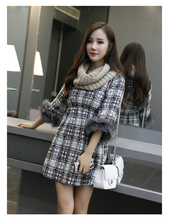 women dress winter dress Fall Winter Tartan material stitching raccoon fur cuff fashion Slim waist dress free shipping