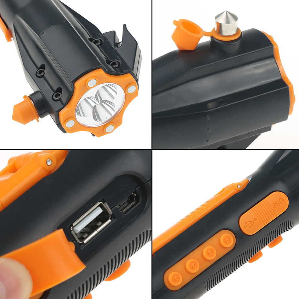 Waterproof 9 in 1 Hand Crank Flashlight Torch Charger Blink Siren AM FM Radio Compass Seat