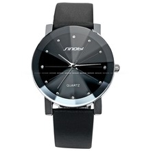Classical Elegant  Crystal   Quartz  PU Leather Strap  Lovers’  Wrist Watch   with prism or flat mirror