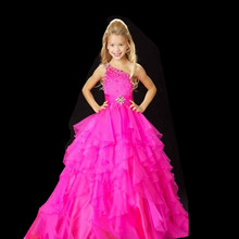 Fuchsia Organza Princess Little Kids Flower Girls Pageant Dresses One shoulder Oute Baby National Beaded Beauty
