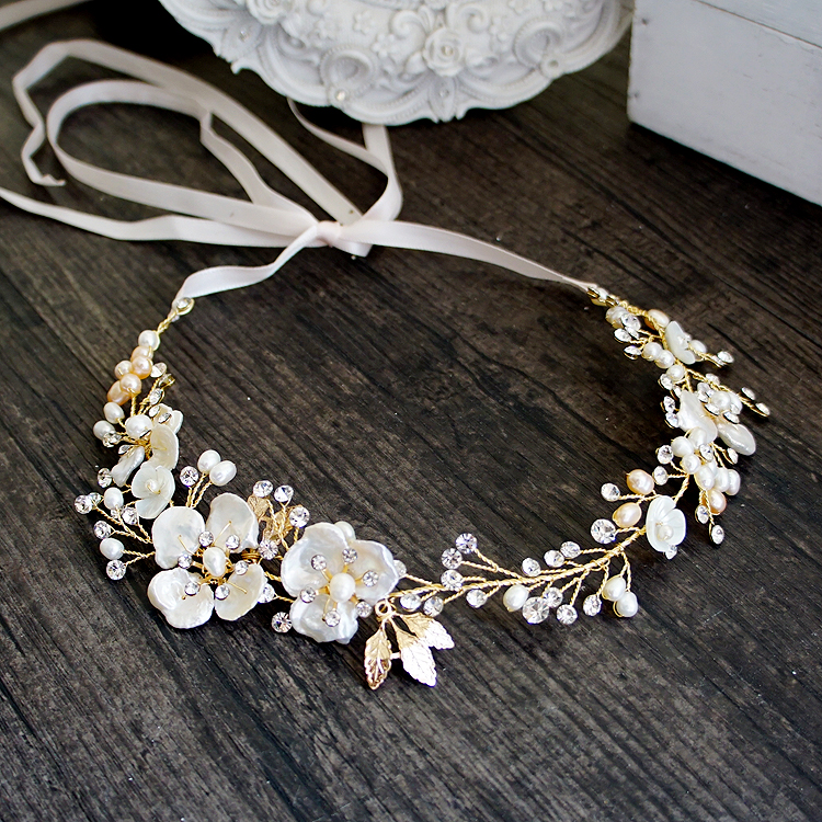 Gold Leaf Clear Crystal Shell Pearls Flower Freshwater Pearls Wedding Hair Vine Headband Bridal Headpiece Hair accessories