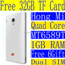 Free 32GB TF Quad Core card Xiaomi hongmi Dual SIM MT6589T  smartphone 800 MP 1GB RAM 3G WCDMA cell phone +free 6Gifts