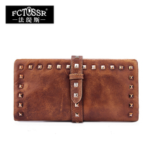 2016 vintage long design wallet personality rivet genuine leather wallet women’s drawstring wallet female