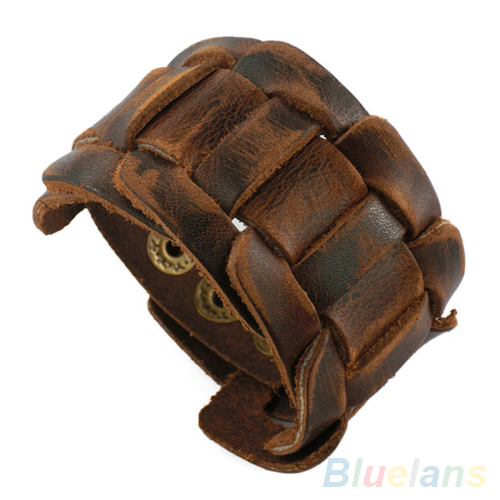 Men Retro Weave Genuine Leather Belt Wristband Bangle Snaps Fastener Cuff Bracelet 28SZ