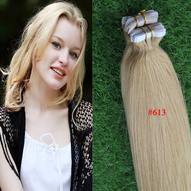 Cheap Remy Tape Hair Extensions 40pcs/lot #613 Bleach Blonde Straight Brazilian Pu Hair Skin Weft Tape In Human Hair Extension
