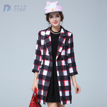 ON SALE 2015 plus size women plaid long coat three quarters sleeves A-line trench coat 5XL big size autumn winter outerwear