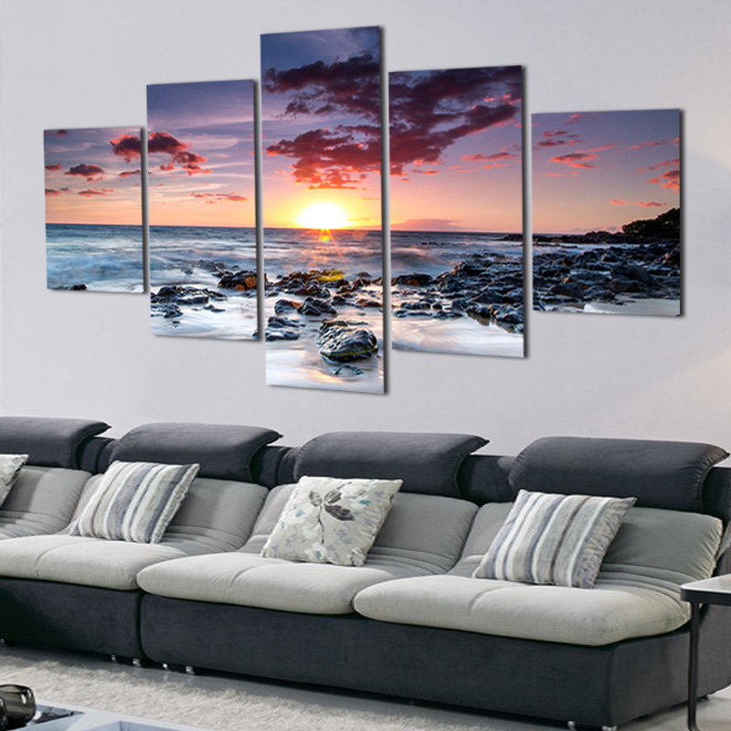 Modern Wall Art Home Decoration Printed Oil Painting 5 Piece No Frame pintura al oleo beautiful sunrise on the sea landscape