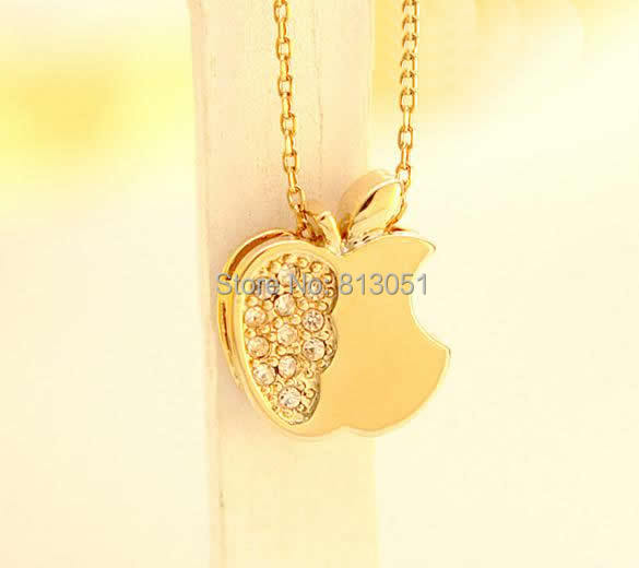 Free shipping!!!Zinc Alloy Jewelry Necklace,Wedding, with iron chain, Apple, gold color plated, oval chain & with rhinestone