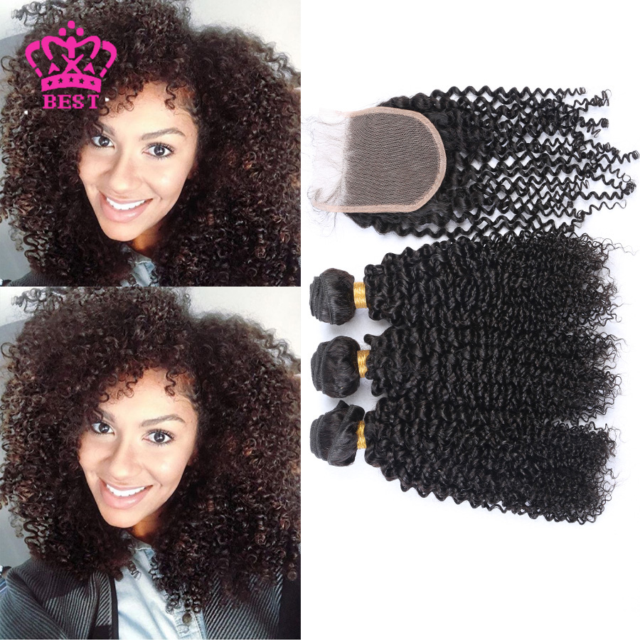 Cheap Peruvian Virgin Hair With Closure Kinky Curly Hair Bundles With Lace Closures Human Hair Weave With Closure Bleached Knots