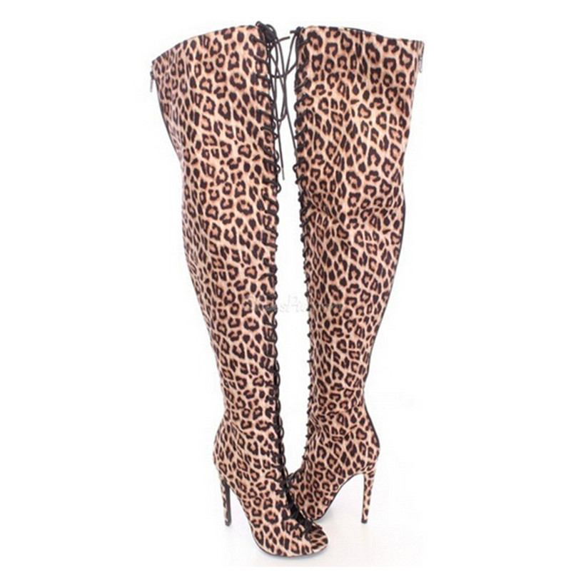 Women Boots Sexy Leopard Lace Up Thigh High Boots Shoes Woman Peep