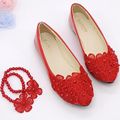 Custom White Red Lace Pearls Women Wedding Shoes Beautiful Foot Ring Shoes Flat Heels Big Size