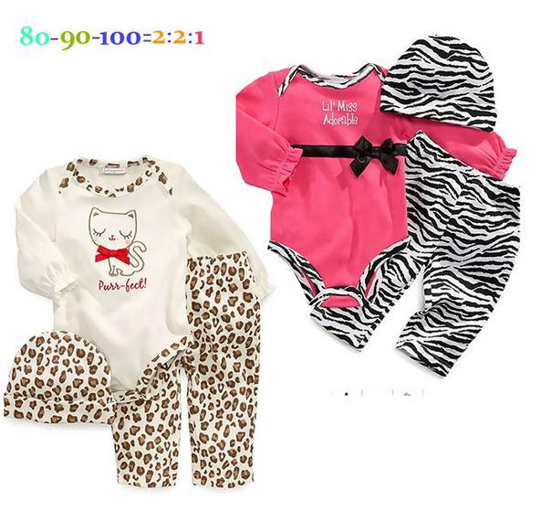 2014 New baby girl suit white long sleeve cartoon cat romper + hat + leopard trousers 3pcs set kids girls clothing set 5set/lot