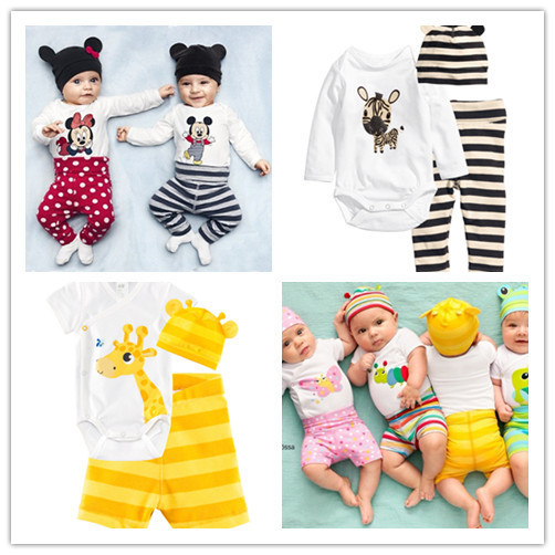 2014 New cotton children Mickey Minnie baby boys girls sets clothes 3pcs(Long-sleeved Romper+hat+pants)children clothing set