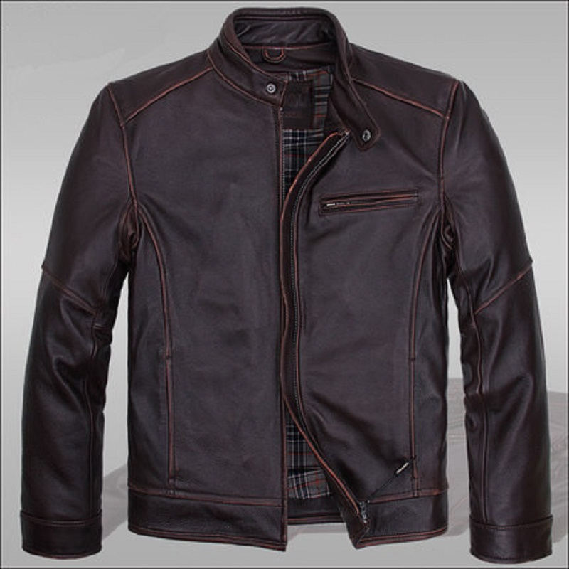 MotorcycleJacket 2015 Spring  Autumn  Winter Brown Black Fashion Full Mandarin Collar Genuine LeatherPockets JSH018