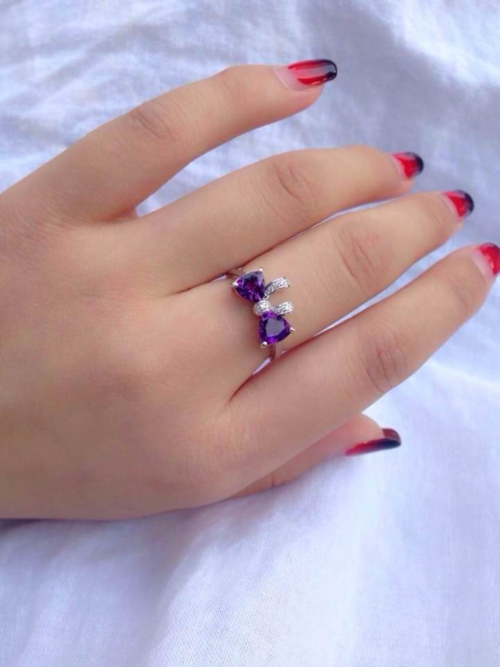 100%  925 sterling silver mount bow shape natural amethyst ring for women Anniversary fine natural gem stone  fashion jewelry