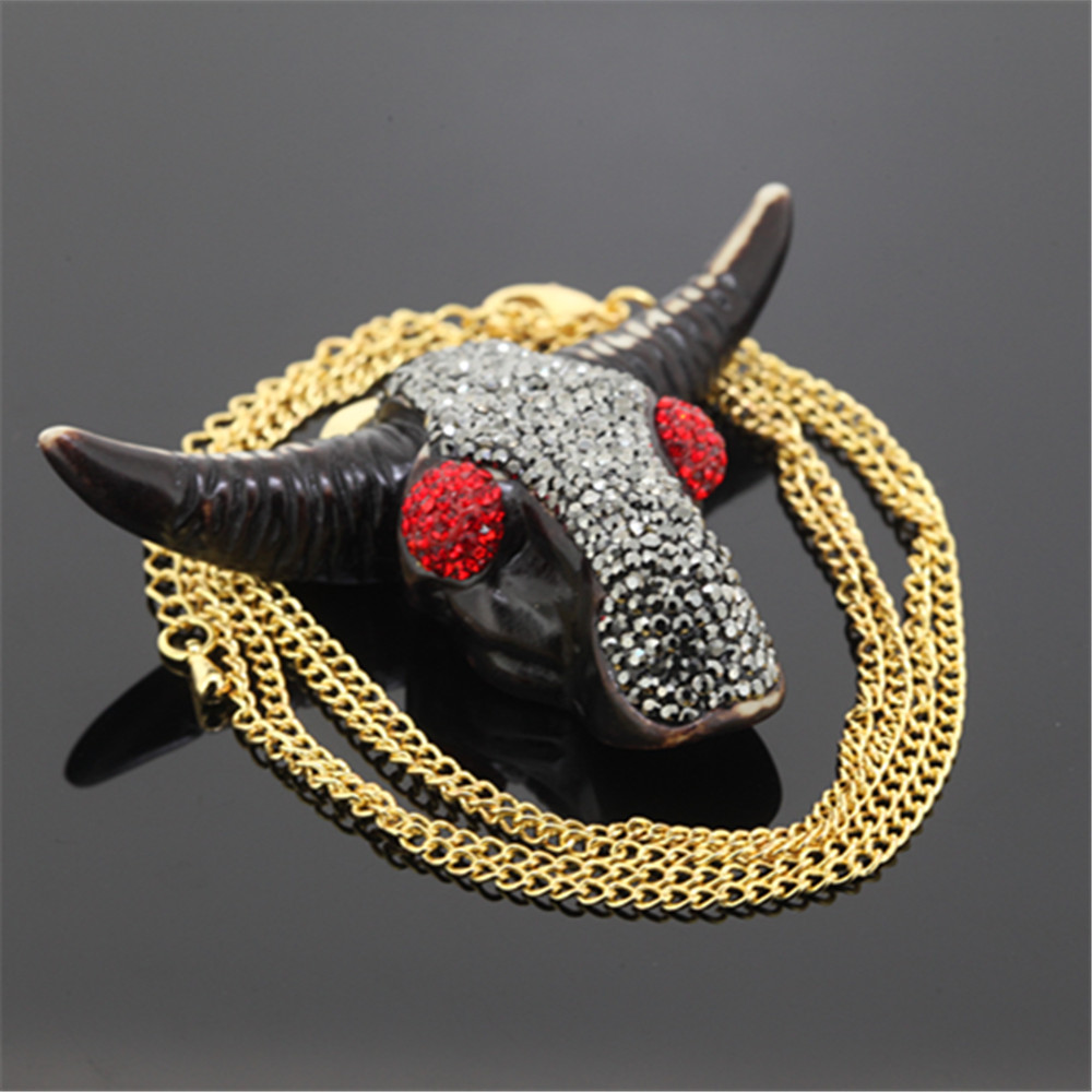 5pcs High quality gem stone bull head pendant necklace charm bone pendant pave rhinestones women necklace