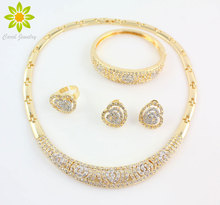 Women African Beads Jewelry Sets Cz Crystal Necklace Earring Ring Bracelet Jewelry Set 18K Gold Plated Statement Accessories