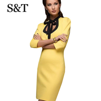 Платье полые лето, женщины желтый сексуальный элегантный винтажный стиль свободного покроя платья офис