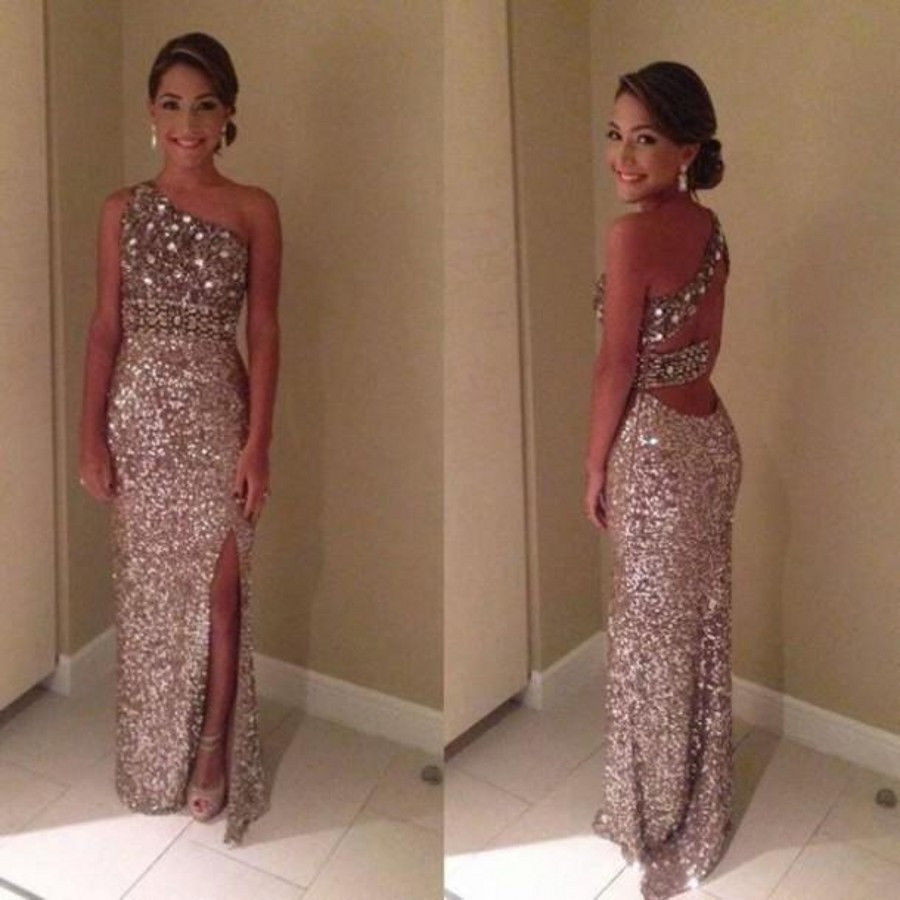 Champagne New One Shoulder Sequins Custom Split Side Sheath Prom Gowns Formal Dresses 2015 Cheap Free