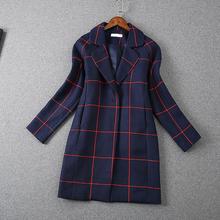 2015 European New Winter Big Red Plaid Jacket Lapel Covered Button Coat