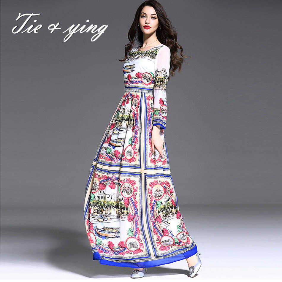 Print maxi dresses 2016 spring new arrival American and European fashion runway luxury brand flower elegant ball gown long dress
