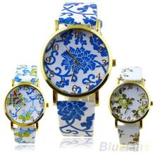Women s Geneva Flowers Pattern Faux Leather Round Dial Analog Quartz Wrist Watch 28CN