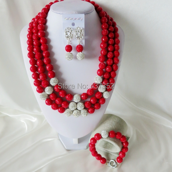 Handmade Nigerian African Wedding Beads Jewelry Set , Red Artificial Coral Beads Necklace Bracelet Earrings Set CWS-383