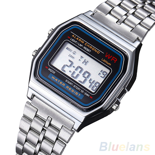 Men Women Vintage Stainless Steel LED Digital Stopwatch Sports Wristwatches 1LYH