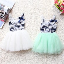 Summer Baby Girls Cotton Sleeveless Dresses Lace Bow-knot Striped Bubblet Tutu Dress