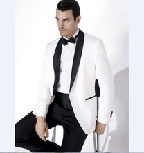 Groomsmen Shawl Satin Lapel Groom Tuxedos White Jacket Black Pants Mens Suits Wedding Best Man (Jacket+Pants+Tie+Girdle) B8228