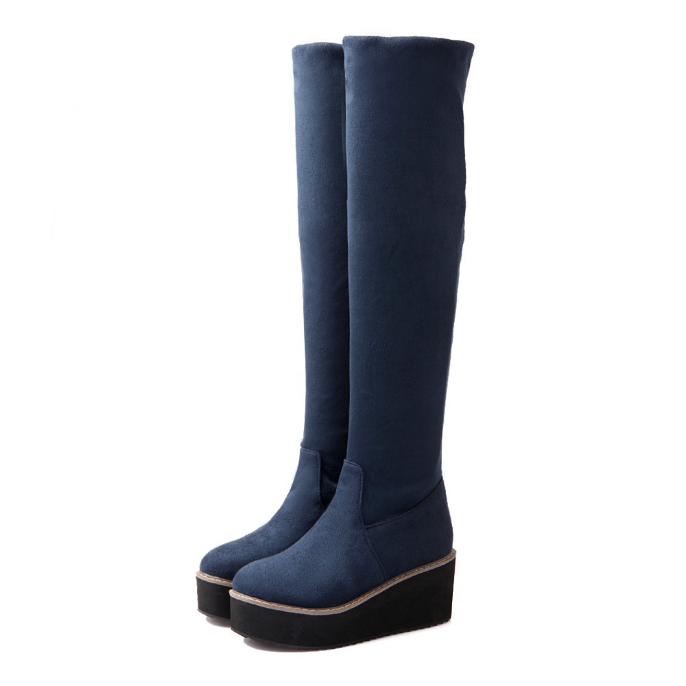 Stretch Nubuck&PU Black Red Blue Wedge Platform Women Thigh High