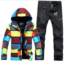 2015 mens insulation snowboarding suit male ski suit set stripe jacket and black pants skiwear waterproof 10K breathable warm
